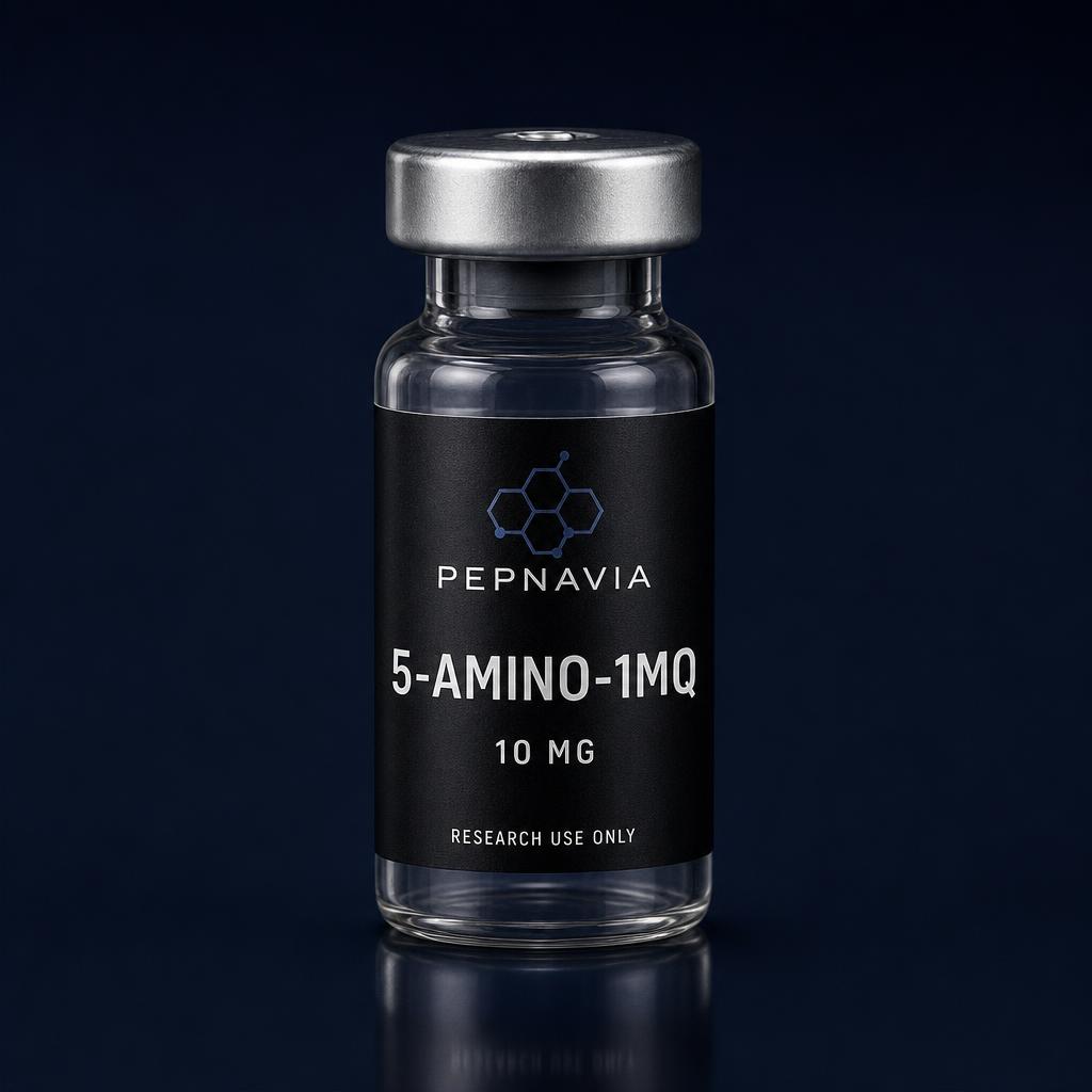 5-Amino-1MQ 5 mg — vial med PEPNAVIA-etikett, endast för forskningsbruk