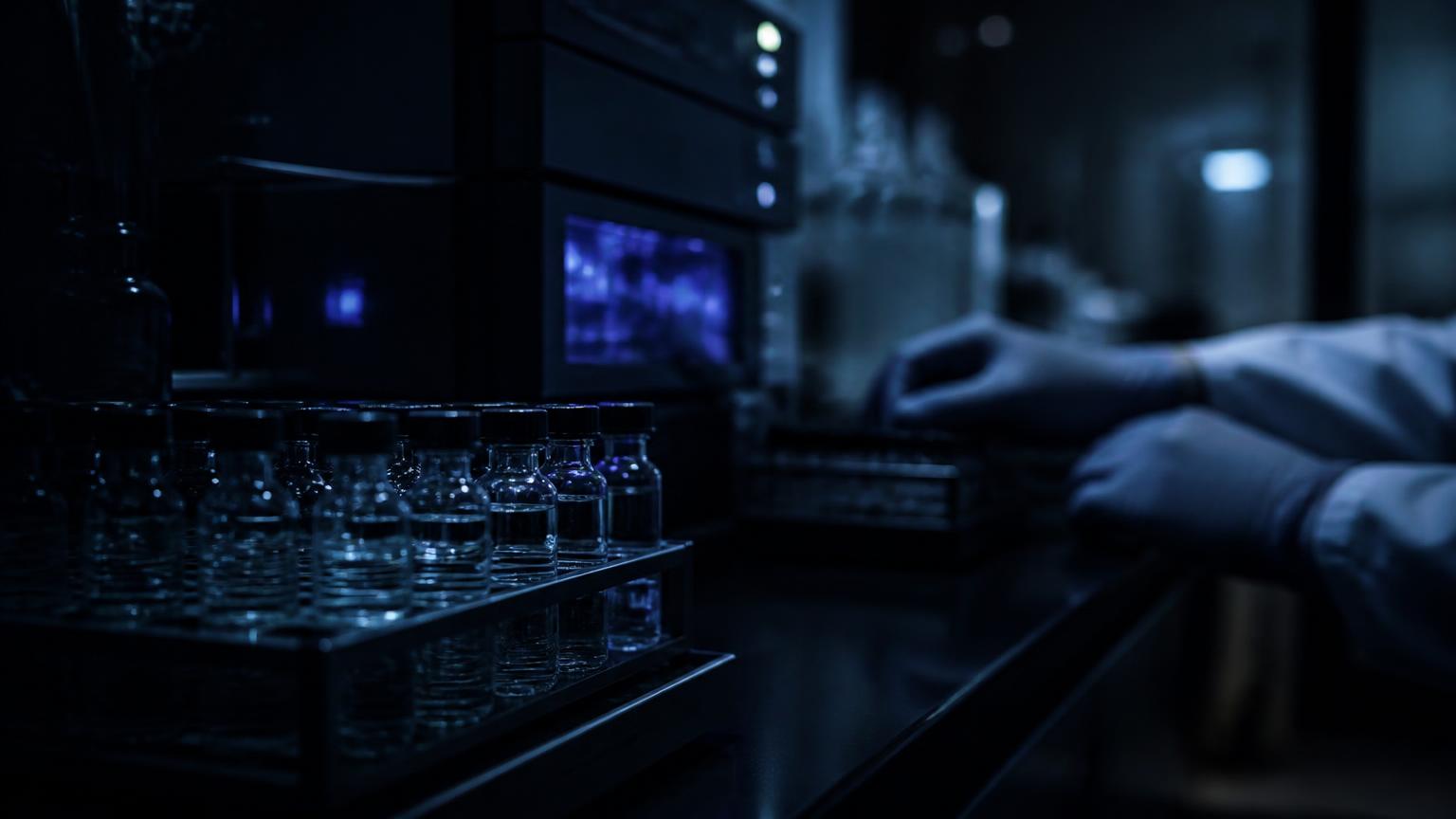 Analysinstrument och vialställ i ett mörkt laboratorium