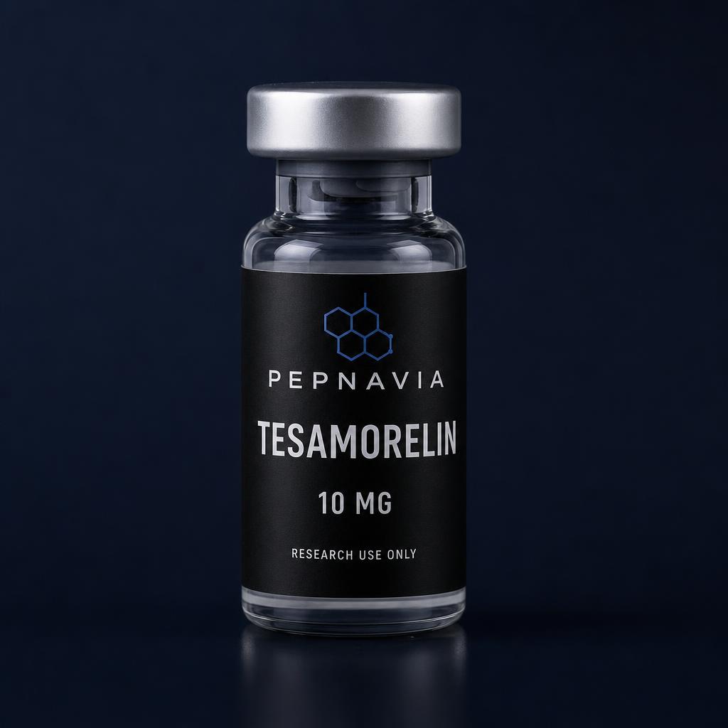 Tesamorelin 10 mg — vial med PEPNAVIA-etikett, endast för forskningsbruk
